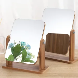 Brillante Espejo de Tocador con Soporte de Madera Natural