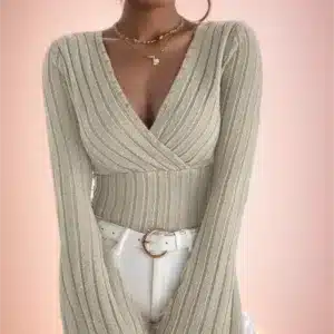 Tops ajustados a rayas con cuello en V para mujer de manga larga